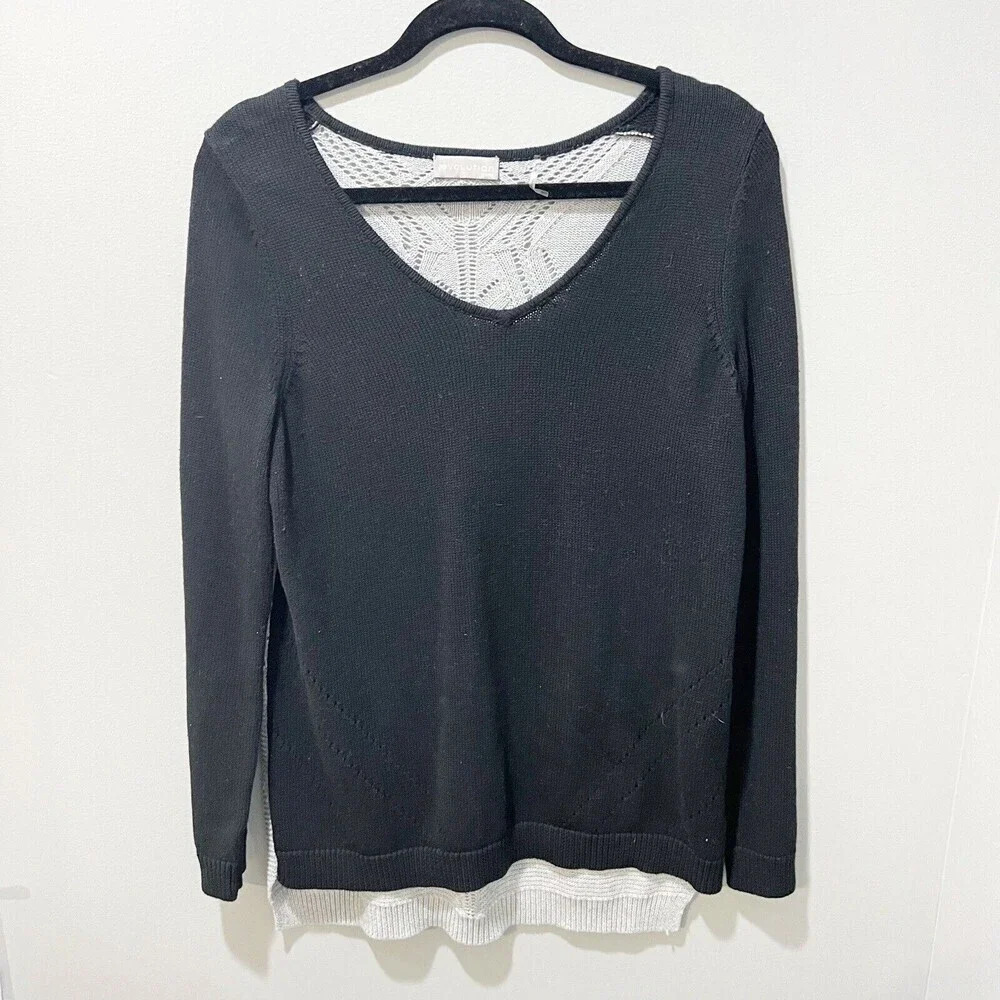 Evolution Cyrus Women’s Black Gray Sweater Medium Colorblock Chunky Knit Back